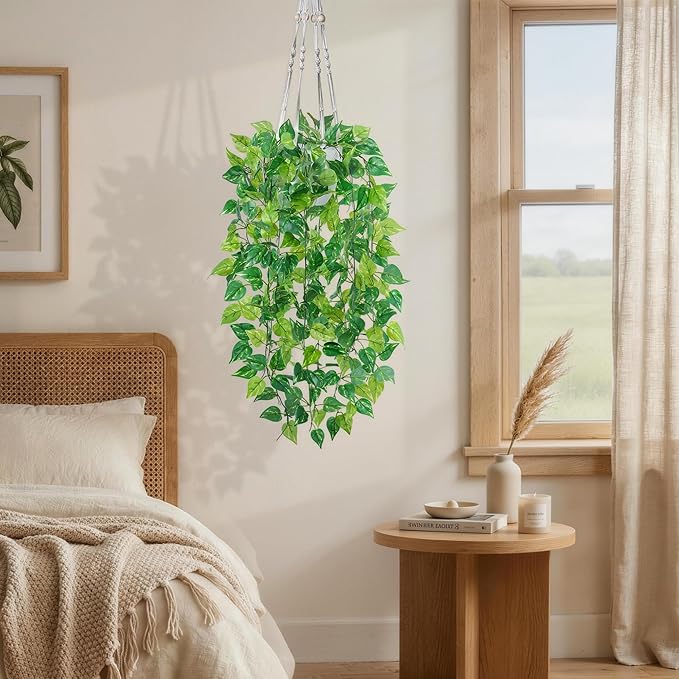 DREAMLOOM 2 Packs Fake Hanging Plants with Pots, Artificial Pothos Hanging Plants with Macrame Hanger for Indoor Decor, Fake Hanging Vines Faux Greenery for Home Kitchen Office
