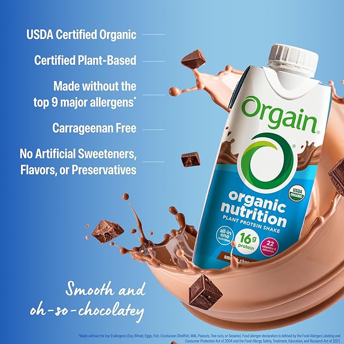 Orgain Organic Nutritional Vegan Protein Shake, Smooth Chocolate - 16g Plant Based Protein, Meal Replacement, 22 Vitamins & Minerals, Fruits & Vegetables, Gluten Free, Non-GMO, 11 Fl Oz (Pack of 4)