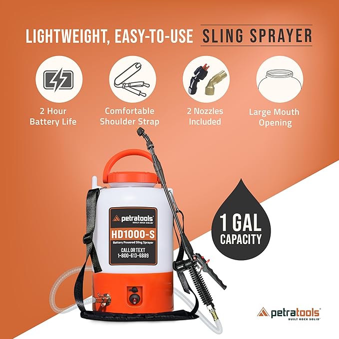 PetraTools Battery Powered Sprayer 1 Gallon - HD1000-S - Heavy Duty Electric Sprayer for Lawn and Garden Weed/Pest Control, Watering - with Battery, Charger & 2 Nozzles (1 Gallon)