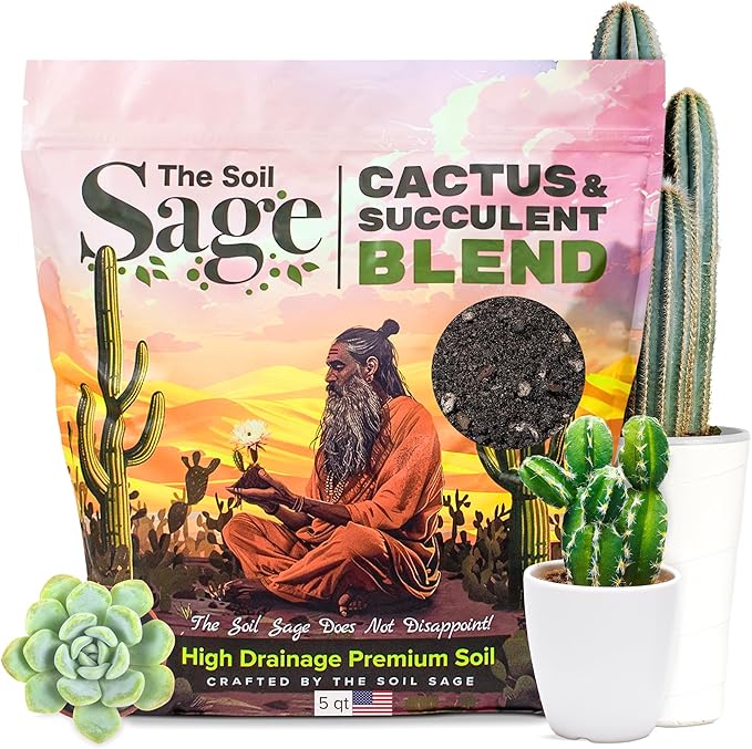 The Soil Sage 5 Dry Qt Cactus & Succulent Potting Soil Mix, USA Made - Gritty, Fast Draining, Soilless, Root Boosting, Peat-Free - Growth of Cactus, Succulents, Jade, Aloe Vera (5 Qt)