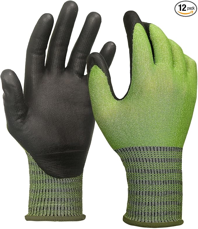 Schwer 12 Pairs A4 AIR-SKIN Cut Resistant Work Gloves AR5907 with Extreme Lightweight & Thin, Food Grade Gloves with Water-Based PU Coating, Grip Glove for Fishing, Gardening, Touchscreen