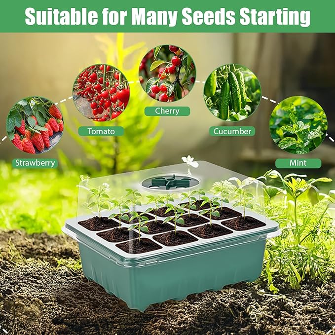 Sckee 6 Pack Seed Starter Tray with 10"x20.75" Seedling Heat Mat, Seed Starter Kit with Humidity Dome, Seed Starting Trays Plant Starter Kit and Base, Kit for Seeds Growing Starting