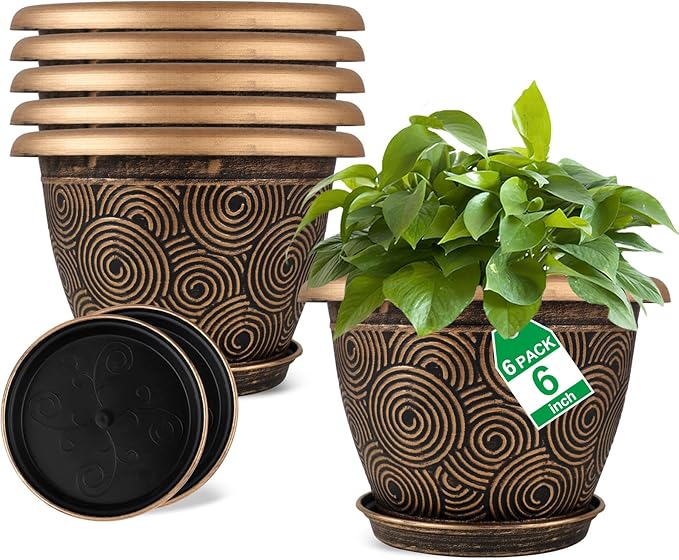 Fodetyff 6 Inch Flower Pots Planters for Indoor Outdoor Plants, 6 Pack Plastic Small Plant Pots with Drainage Hole & Tray, Modern Decorative Garden Pot with Saucer, Plant Container for House