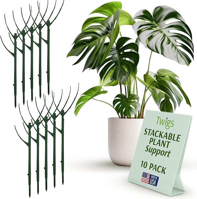 Twigs GA - Stackable Plant Support Stakes, Indoor & Outdoor Houseplant Stem Support, Garden Accessories, Trellis Alternative for Climbing & Potted Plants - Monstera (Dark Green), 10 Pack, 17" L