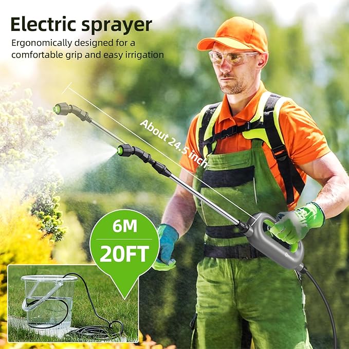 Battery Powered Sprayer Wand, Garden Electric Sprayer 24.5" Telescopic Wand with 20 FT Hose, 7.2V Voltage 3 Adjustable Nozzles, Portable USB-C Rechargeable Water Spray for Lawn and Outdoor