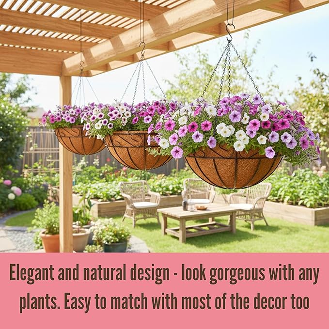 LaLaGreen Hanging Planter For Outdoor (20 Inch, 4 Pack) Extra Large Black Metal Wire Hanging Plant Planter with Coco Liner Round Garden Balcony Country Decor Flower Pot Holder Hanger Deck Porch Modern