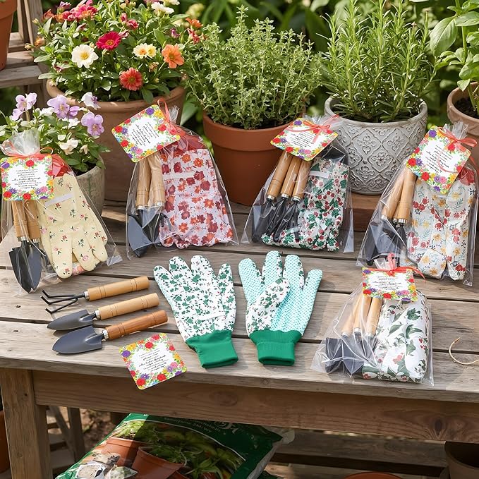 Cuffbow 6 Set Mother's Day Gardening Gifts Floral Gardening Gloves, Garden Shovel, Mini Garden Tools with Mother's Day Cards and Bags for Mom Grandma Birthday Gift (Cute)