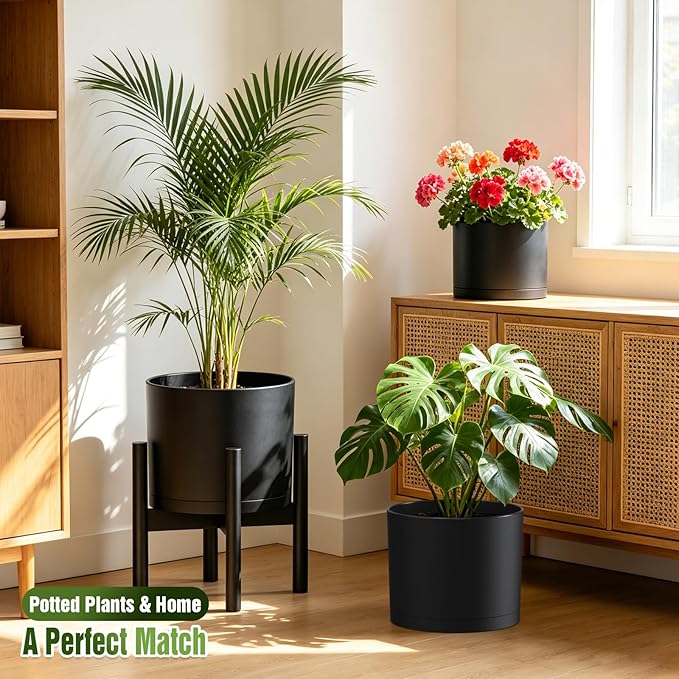 10/9/8 Inch Large Plant Pots with Drainage Holes and Trays, 3 Pack Modern Minimalist Cylinder Planters for Monstera, Snake Plant, Indoor Outdoor (Matte Black)