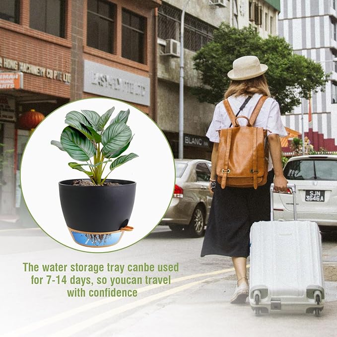 WSMKSZ 10 inch Self Watering Pots, 2 Pack Plastic Planters with Mesh Drainage Holes for Garden Plants and Flower, Plants Pots with Deep Reservoir for Indoor Outdoor Plants, Black with Brown
