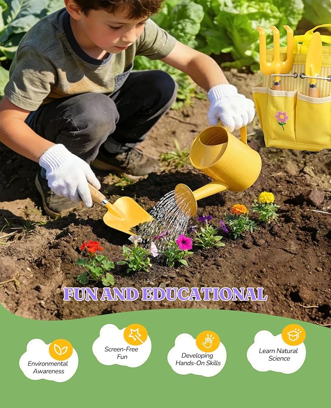 8Pcs Kids Gardening Set with Metal Basket & Real Metal Tools, STEM Outdoor Kit, Ergonomic Wooden Handles, 3 Shovels, Rake, Watering Can, Gloves, Tote Bag, Gift for Toddler Boys Girls, Yellow
