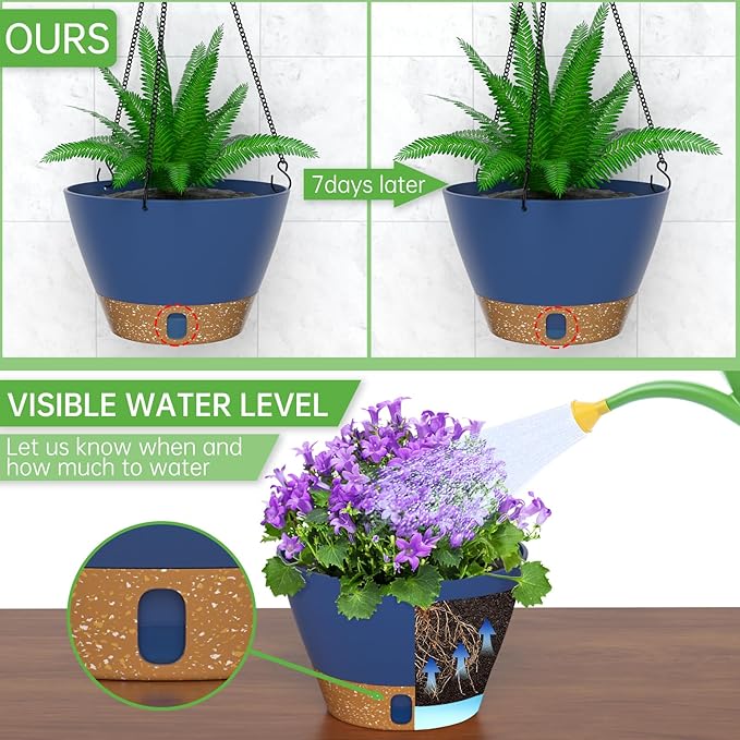 ZMTECH 2 Pack 10 Inch Hanging Planters for Indoor Plants, Modern Hanging Planter with Visible Water Level Window & Removable Tray, Decorative Plant Hanger Indoor for Home Garden