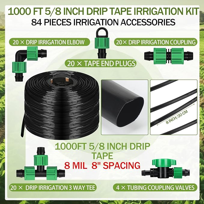 1000 ft 5/8 Inch Drip Tape Irrigation Kit Drip Tape 8 Mil 8" Spacing Hose Garden Watering Tubing System Automatic Irrigation Equipment for Plant, Landscape, Yard, Lawn and Farm