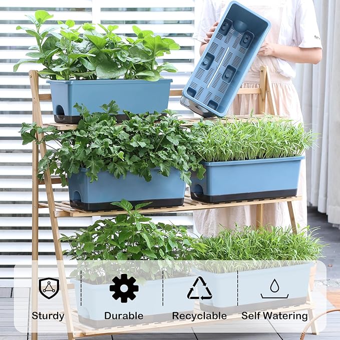Oliz Window Box Planter 8 Pcs, 17 Inches Rectangle Flower Pots with Drainage Holes and Trays, Vegetable Planters for Windowsill Patio Garden Balcony Home Porch Yard Indoor Outdoor (Blue)
