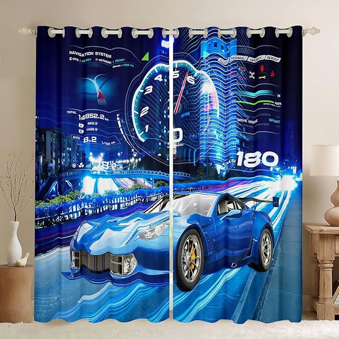 Feelyou Boys Race Car Window Curtains Bedroom Living Room Cool Sports Car Curtains Kids Room Decor Boys Girls Extreme Sports Window Drapes Blue Automobile Treatments 52W X 63L，2 Panels