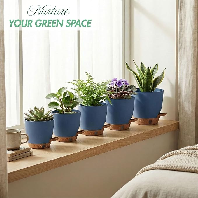 montresor 5-Pack Reservoir & Drainage Plastic Flower Pots (5/5.5/6/6.5/7 Inch) – Ocean Blue Indoor Planters with Wick System for Peace Lily, Fern, Spider Plant