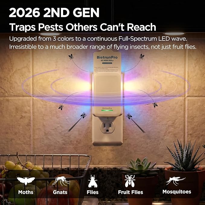 Flying Insect Traps+5 Refill Cartridges, 2026 2nd Gen, UV/Blue/Yellow Light Plug in Fly Trap & Indoor Bug Catcher for Gnats, No-Mess Bug Zapper, House & Fruit Flies, 7 * 24hrs Pest Control