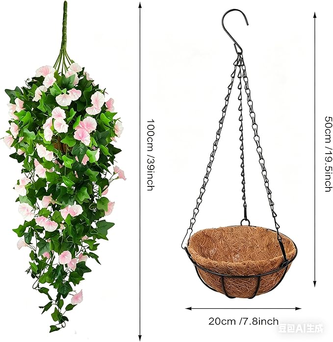 Artificial Fake Hanging Flowers Plants Basket for Spring Outdoor Outside Decoration, UV Resistant Faux Plastic Fabric Flower Morning Glory Wisteria Petunia for Garden Porch Patio Balcony Yard Decor