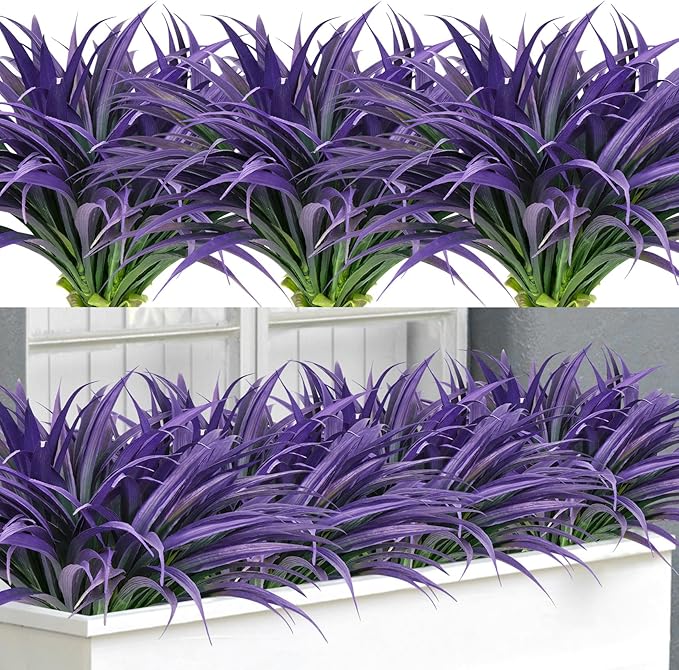 Ouddy Decor 20 Pcs Fake Outdoor Plants Artificial Grass Greenery Stems Faux Plastic Plants UV Resistant for Spring Summer Indoor Outside Garden Hanging Planter Porch Window Box Home Decor, Purple