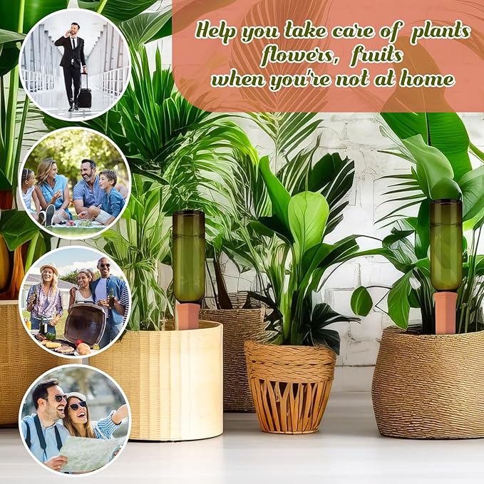 SiliFine 12 Sets Plant Watering Devices Include Terracotta Self Watering Spikes and 26 oz Plastic Bottles, Slow Release Vacation Insert Automatic Plant Waterer Device (Grass Green and Terracotta)
