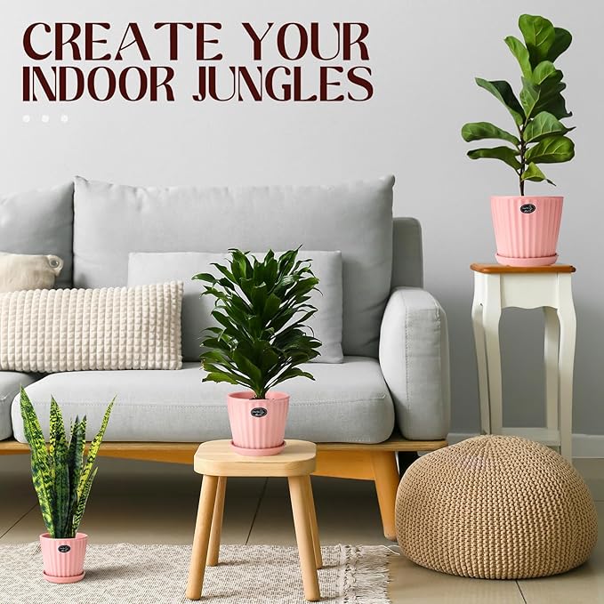 3 Pcs Ceramic Plant Pots 7.3/6/4.7 Inch Ceramic Flower Pot with Drainage Hole and Saucer Decorative Planter Indoor Outdoor for Gardening Home Desktop Office Windowsill Decoration Gift(Pink)