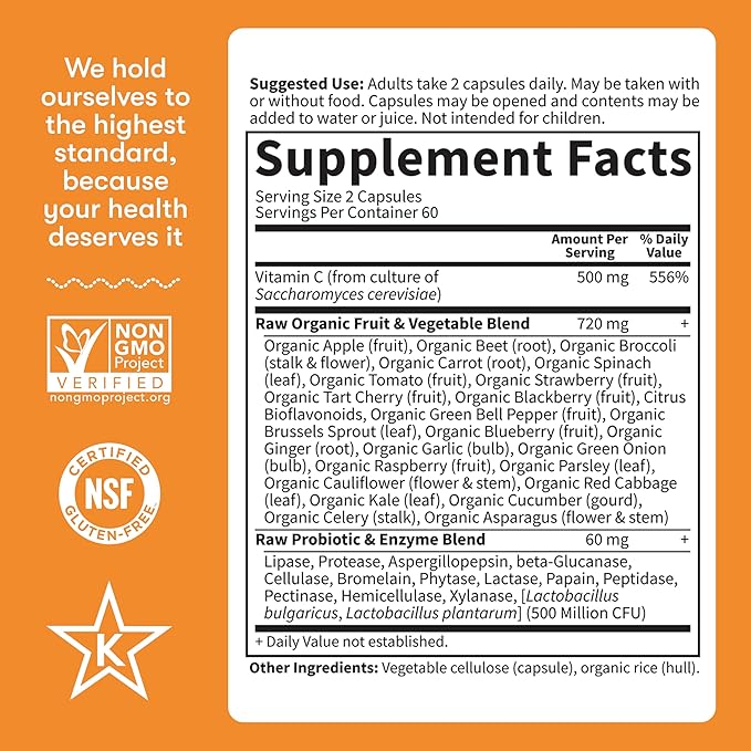 Garden of Life Vitamin Code Raw Vitamin C - 120 Capsules, 500mg Whole Food Vitamin C Capsules + Fruit & Veggie Blend & Probiotics, Supplements for Adults, Vegan, Gluten Free