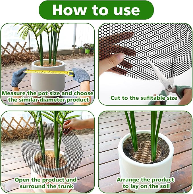 Pack 10 Plant Pot Grids, 11.8" Trim-to-Fit Plant Pot Soil Covers Protectors from Animals,Plant Pot Soil Guard for Indoor Outdoor Plant Protection with 30 Metal Stakes