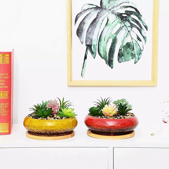 Cute Circular Ceramic Home Garden Decoration Succulent Cactus Flower Pots Container with Bamboo Tray -Plant Not Included (White, 7.3 Inch)