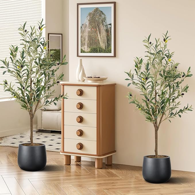 Artificial Fake Olive Tree 4FT Tall 2Pack Faux Silk Olive Tree for Home Living Room Office Decor Faux Artificial Plants Indoor Fake Potted Plants with Fruit & Free Moss