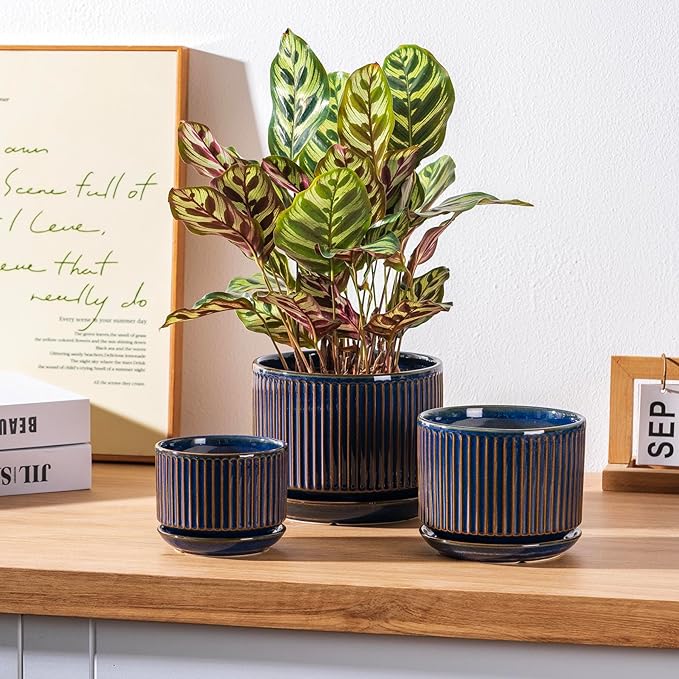 Navy Blue Ceramic Plant Pots Set of 3, 4.3+5.5+6.7 Inch Indoor Flower Pots with Drainage Hole & Saucer & Hole Mesh Pads, Striped Decorative Planter Set for Indoor Plants, Gardening Pots & Accessories
