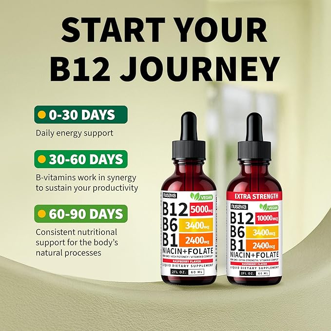 (4 Pack) Vitamin B12 and B6 Liquid Drops, B12 Sublingual Vitamin B Complex - B 12 Vitamin 5000mcg - B12 Methylcobalamin for Energy, Brain, and Heart Support with 27,200 mcg, Raspberry, 80 Servings