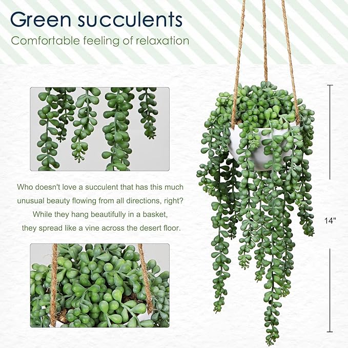 plants Fake Hanging with Pot, 14'' Faux String of Pearls Succulent Greenery Artificial Hanging for Indoor Home Office Farmhouse Bathroom Wall Shelf Decor - Dusty Green