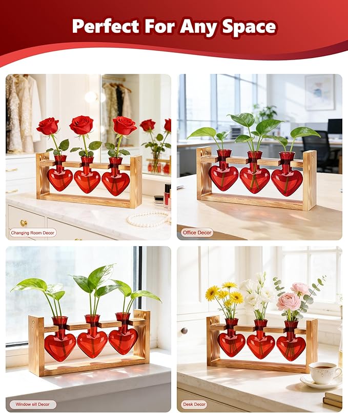 Nacome Plant Terrarium Propagation Stations: Mothers Day Gifts for Mom Plant Lovers Women Wife Daughter - 3 Bulb Glass Vase with Wooden Stand Tabletop for Hydroponics Garden Home Wall Decor(Red)
