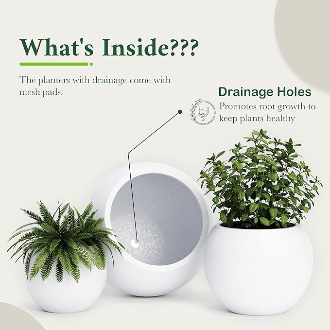 DTY Mount Sherman 21.1'' D x 16.7'' H (Pot Opening 14.6") Fiberstone Round Planter with Drainage Hole, Smooth Finishes, Weather Resistant for Indoor and Outdoor, 2 Extra Coco Mats - White, Large