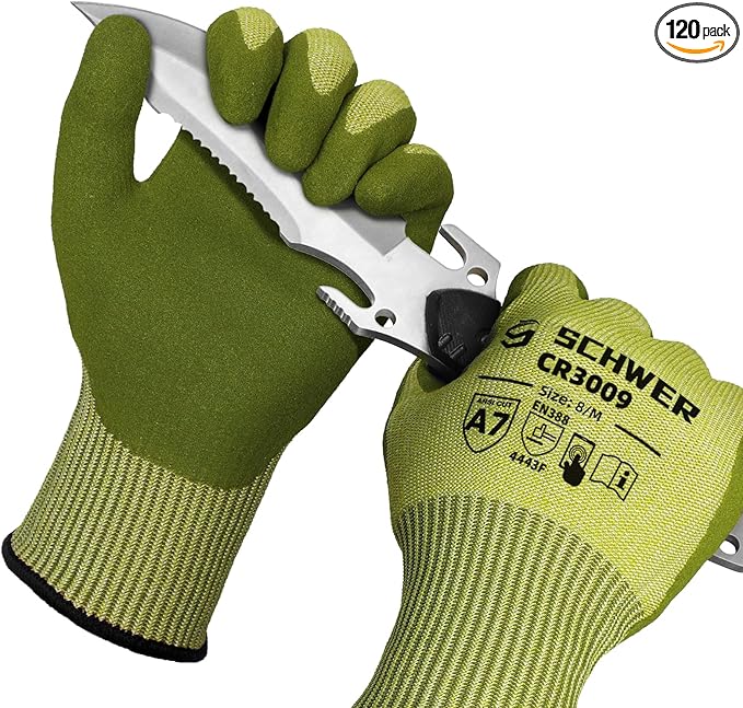 Schwer 120 Pairs ANSI A7 Cut Resistant Fishing Gloves, CR3009 Touchscreen Compatible Work Gloves for Men and Women, Non Slip, Ideal for Fishing, Hunting, Hiking, Cycling, DIY and Outdoor Activities, M
