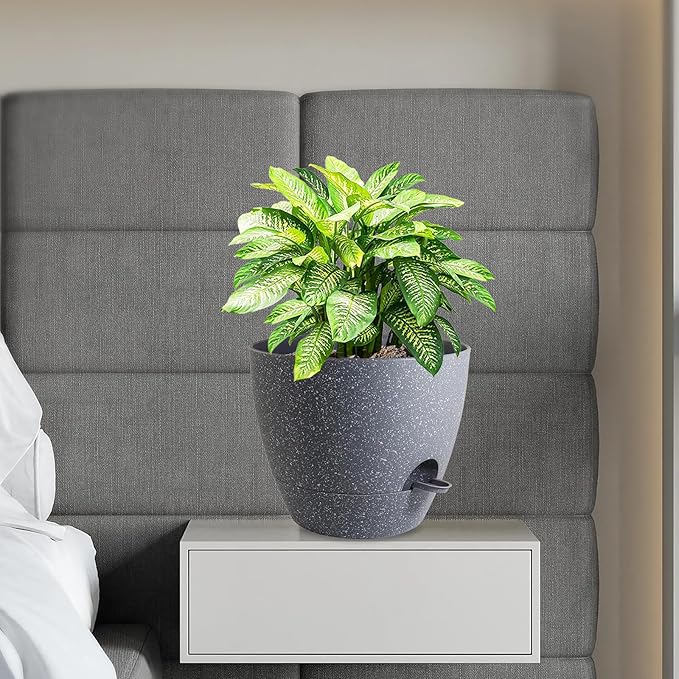 WSMKSZ 12 inch Large Self Watering Pots, Planter, Plant Pots with Mesh Drainage Holes for Indoor Outdoor House Plants and Garden, Plastic Flower Pots with Deep Reservoir, Speckled Grey