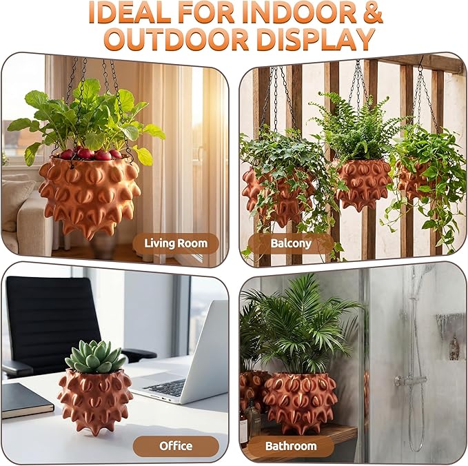 Enhon 7 Inch Hanging Planters for Indoor Plants, Unique Hanging Pots for Plants with Drainage and Hanger Baskets Hangers, Spiked Orb Plant Hanger, Silky Copper Finish