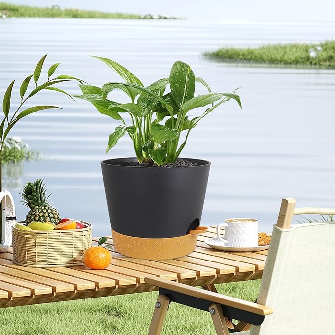 Meowell 12 inch Large Self Watering Pots, Plant Pots with Mesh Drainage Holes for Indoor Outdoor Plants, Plastic Planters with Deep Reservoir for Garden House Flower Plants, Black with Brown