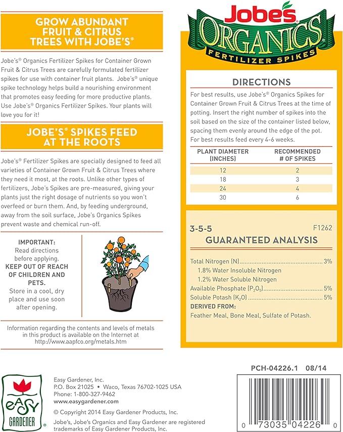 Jobe’s Organics Garden Fertilizer Spikes, Easy Plant Care Fertilizer for Fruit and Citrus Plants and Trees, 6 Count