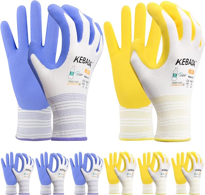 Kebada Gardening Gloves for Women, 6 Pairs Latex Coated Womens Work Gloves, High Visibility, Medium, Lilac & Yellow