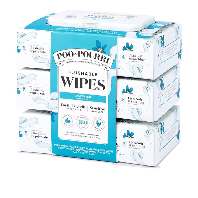 Poo~Pourri Unscented Flushable Wipes - Made with Plant Based Fibers, Aloe, Vitamin E, Chamomile, and Oat Extract - Adult Wet Wipes - 150 count - Septic & Sewer Safe - Fragrance Free Packaging May Vary