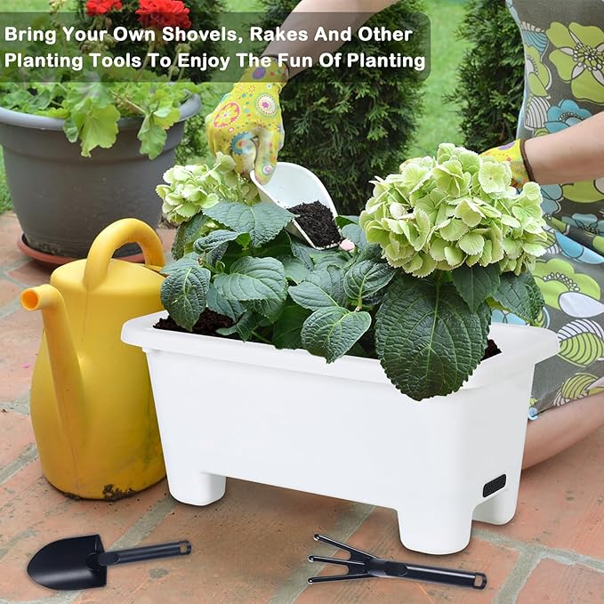 Oliz Self-Watering Rectangle Planter Boxes 8-Pack, 15.7-Inch Window Box Planter with Drainage Holes & Trays, Pots for Vegetables, Herbs, Flowers, Garden Windowsill Balcony (White)