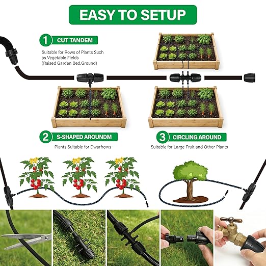MIXC Drip Irrigation System with 100FT 1/4" Soaker Hose - 80% Water Savings, Weeping Tech for Deeper Root Watering, Garden Kit with 10FT 1/2" Tubing for Raised Beds, Vegetables, Lawn, Greenhouse