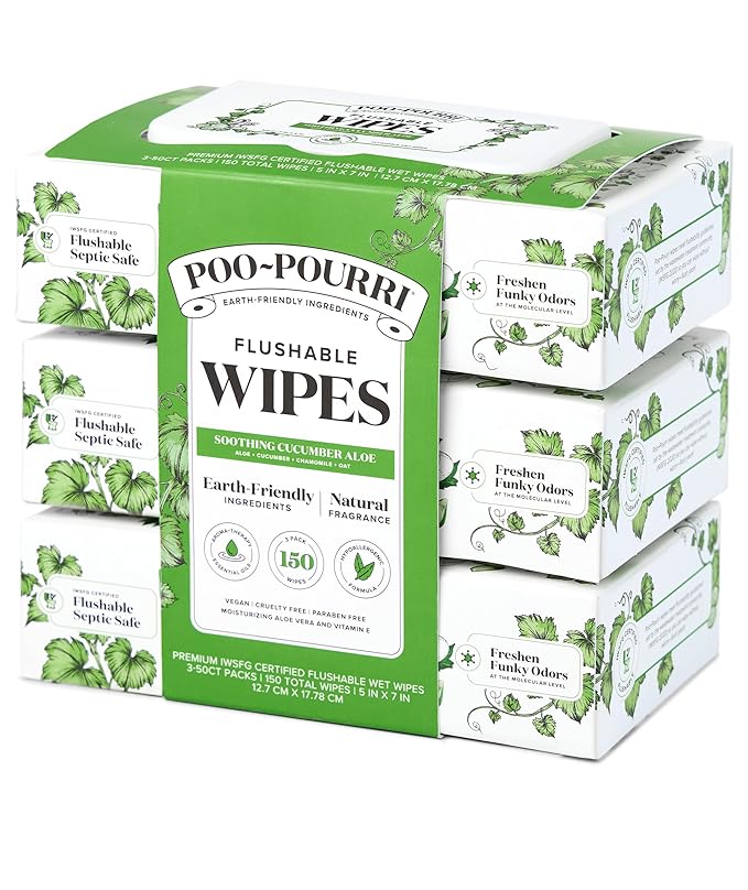 Poo~Pourri Flushable Wipes - Made with Plant Based Fibers, Aloe, & Vitamin E - Adult Wet Wipes - Cucumber & Aloe Essential Oils scent - Septic & Sewer Safe - 3-pack (150 total) with Dispenser Boxes