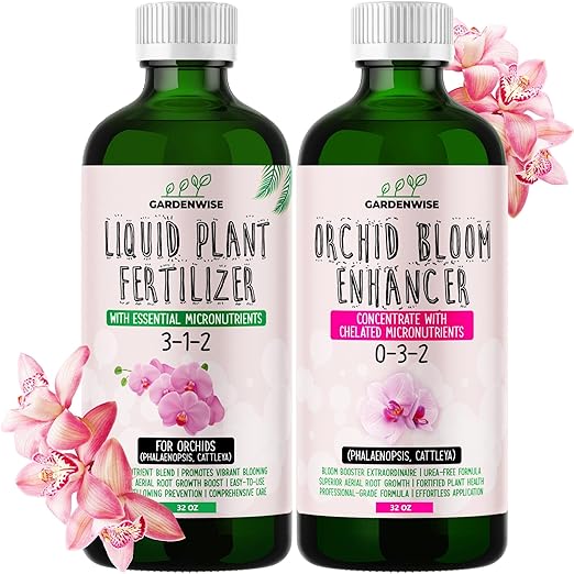 GARDENWISE Orchid Fertilizer – Complete Orchid Plant Food Set 3-1-2 & 0-3-2 Liquid Fertilizers for Blooming, Root Growth – Optimal Orchids Care (2 x 32 OZ Bottles)