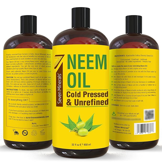 Seven Minerals Pure Cold Pressed Neem Oil - Big 32 fl oz Bottle - Non-GMO, Hexane Free, 100% Pure Neem Oil for Plants Spray, Skincare, & Haircare. Treats Dry Skin, Wrinkles, & Promotes Hair Growth