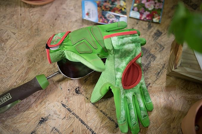 DIGZ 7654 Signature High Performance Women's Gardening Gloves with Touchscreen Compatible Fingertips, Green Leaves Pattern, Large