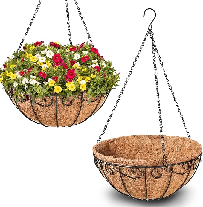 Legigo 2 Pack 10 Inch Metal Hanging Baskets for Plants Outdoor- Round Wire Hanging Planters Basket with Coconut Coir Liner, Hanging Flower Pot for Outdoor Plants Flowers Garden Decorations