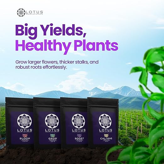 Lotus Nutrients Intro Pack - 4-Part Sample Kit with Grow, Bloom, Boost & Cal/Mag - Powdered Plant Nutrients for Hydroponics, Coco Coir & Soil - Trial Size for Indoor & Outdoor Growers