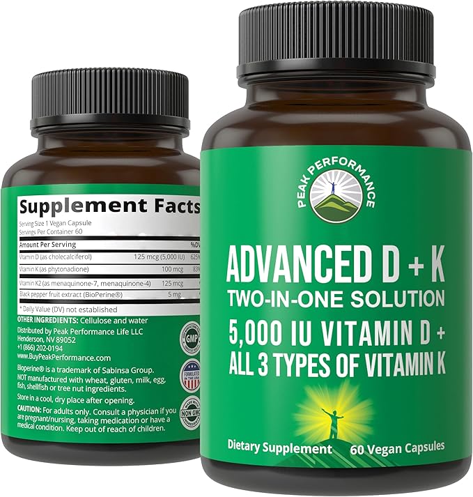 Peak Performance Advanced Vitamin D 5000 IU with All 3 Types of Vitamin K Vitamin D3 and Vitamin K2, K1, MK-7 (MK7), MK4 Supplement - 60 Small and Easy to Swallow Vegetable Pills