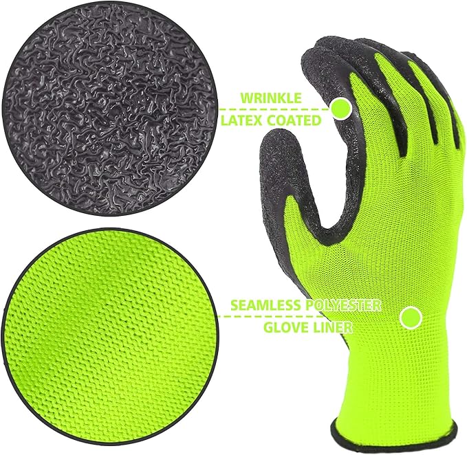 Evridwear Crinkle Latex Rubber Hand Coated Safety Work Gloves for Men Women General Multi Use Construction Warehouse Gardening Assembly Landscaping (Large, Green 12 Pairs)
